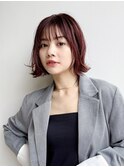 大人ミニボブ前髪ありピンクブラウン外ハネボブ丸顔K20250728R
