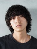 メンズミディアムパーママッシュウルフカット波巻きスパイラル