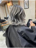 バレイヤージュ、ハイライト、レイヤーロング、グレーベージュ