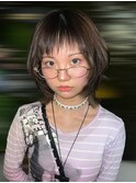 14386黒髪アッシュマッシュウルフボブぱっつん前髪レイヤーボブ