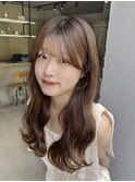 韓国巻きロングミルクティーブラウンカラーシースルー前髪カット
