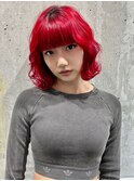 チェリーレッド重めバングミディアムボブ/ブリーチ/ハイトーン