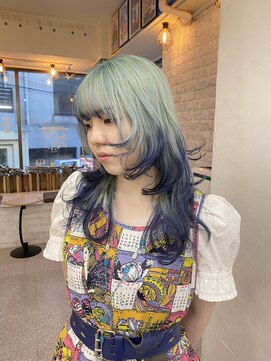 ヘアー アレス(hair ales) エンドカラー、水色カラー、ウルフカット、レイヤーカット