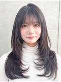 グレージュブラウン/ミディアムレイヤー/韓国巻き/顔周りカット