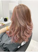 レイヤーロング ピンクハイライト×ベージュカラー 小岩