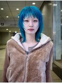 【GEEKS渋谷】ターコイズブルー/ウルフ/ミディアムレイヤー/小顔