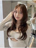グレージュブラウン/ミディアムレイヤー/韓国巻き/顔周りカット
