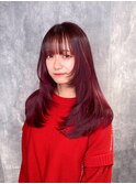 赤髪 ボルドーカラーブリーチなしダブルカラー 顔周りレイヤー
