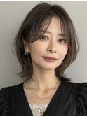 デザインカラーレイヤーカットウェットヘアオリーブベージュ白髪