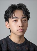 黒髪韓国マッシュニュアンスパーマコンマバングセンターパート