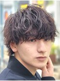 難波シャドウパーマメンズマッシュウルフカット波巻きパーマ色気