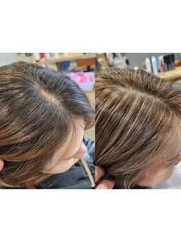 白髪染めでも透明感のあるカラーが楽しめる♪白髪をカバーしながら、艶やかな髪色へと導きます。