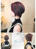 レッドハイライト×大人ショート×ボブダウンパーマ