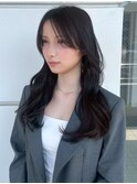 暗髪 グレージュ ロングレイヤー 韓国風顔周りカット