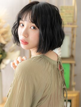 カバーヘア イヴ 戸頭店(COVER HAIR EVE) アッシュブラック波ウェーブ前下がり大人ボブc4戸頭20代30代40代