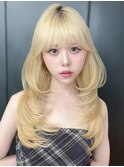 ブロンド韓国ヘアハイトーン顔周りレイヤー_F0845
