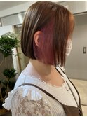 インナーピンク 大人ボブ ピンクイヤリングカラー 縮毛矯正
