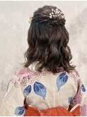 ハーフアップ×波巻き
