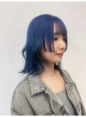 ダブルカラー/黒髪/ボブルフ/ネビージュ/原宿/前髪/青髪