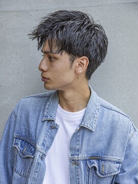 シティ(CITY) フェザーパーマブルーブラックショートセンターパートガイルヘア