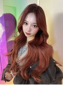 くびれヘア　韓国ヘア　ブリーチ無しダブルカラー　赤髪