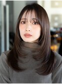 ぱっつん前髪薄めバング鎖骨ミディアムボブ耳かけボブパーマ小顔