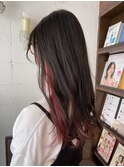 インナーカラー レッド グラデーション ゆる巻き ヘアスタイル