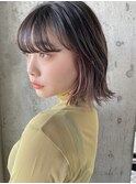 インナーカラー 黒髪 切りっぱなしボブ ワイドバング【岡田 陸】