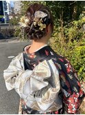 成人式ヘアセット　編み込み　シニヨン　水引アレンジ