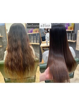 丁寧なカウンセリングでクセや広がりを解消し、自然な柔らかストレートに♪毛先までまとまる艶髪へ。