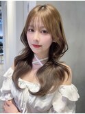 ロングミルクティーブリーチハイトーン小顔前髪カット_F30863