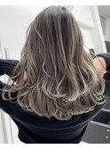 小顔セミウェットウェーブハイライトカラーオリーブカラー着物