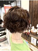 ロングショートワンカールパーマカーキグレージュ前髪錦糸町