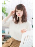 斜めバングショコラピンクふんわりパーマ鎖骨ミディアムb1