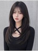 ダブルカラー内巻きロングヘアバタフライカットおくれ毛カット◎