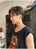 メンズ 暗髪+ベージュハイライト 襟足スッキリ綺麗めカット