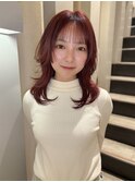 姫カット/ワインレッド/レイヤーカット/シースルー前髪