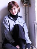 ベージュピンク斜めバング外国人風外ハネウルフボブレイヤーr3