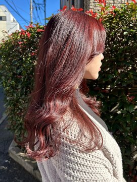 ミュラ(mulah) 暖色カラーチェリーピンクロング*ゆる巻きボルドーカラー