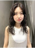 くせ毛風ウルフパーマ前髪パーマロングウルフアッシュブラウン