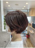 40 50代 大人可愛い 丸みショート×ピンクベージュカラー