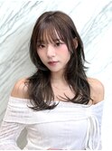 アッシュオリーブ ブラウンカラー ハッシュカット セミロング