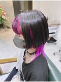 地雷系ツートンカラーパープルカラーインナーカラーウルフカット