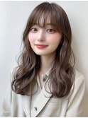 マロンベージュ ウェーブ巻き ブリーチなしカラー