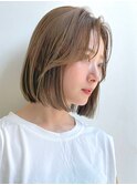 丸顔 内巻き切りっぱなしボブ オリーブブラウン 垢抜けM0911