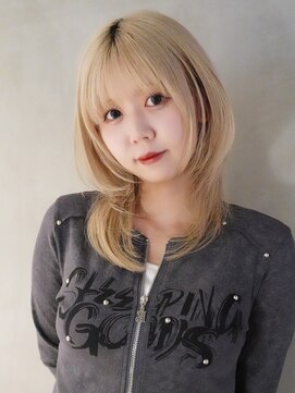 アルバム 池袋(ALBUM) ハイトーンブロンド顔周りレイヤー前髪カットロング_F50794
