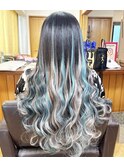 エクステでバレイヤージュ風 水色メッシュ