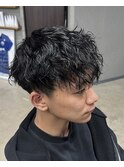 フェザーパーマ/グレーブルーカラー/刈り上げショートパンク