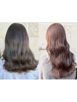 ケア剤を配合したダメージレスカラーで、ツヤと潤いたっぷりの仕上がりに♪長くお洒落を楽しめる◎