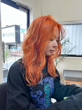 トランク ヘアー デザイン(tranq hair design) 大人可愛いブリーチ暖色オレンジツヤ髪ハイトーンこなれヘア